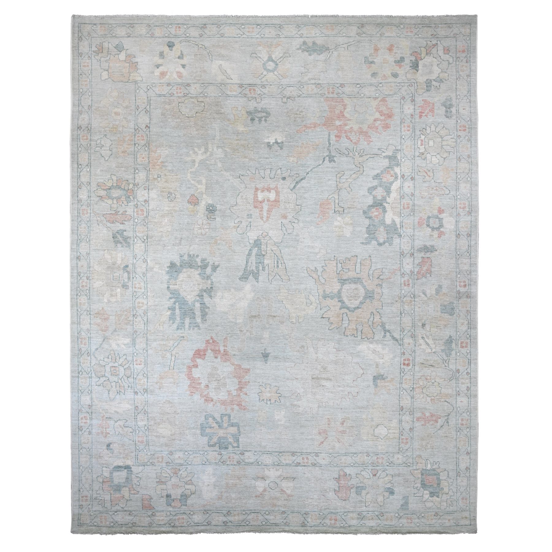 11'8"x15'2" Light Blue, Afghan Angora Oushak with Large Leaf Design, Hand Knotted, 100% Wool, Vegetable Dyes, Oversized, XL, Oriental Rug 